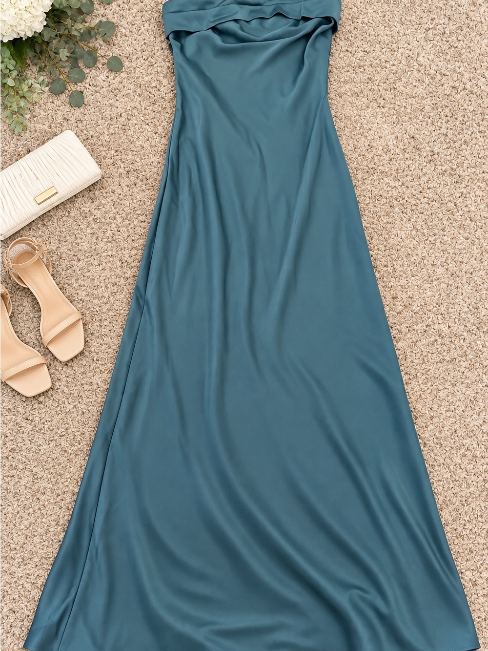 Strapless Satin Gown in Teal Blue